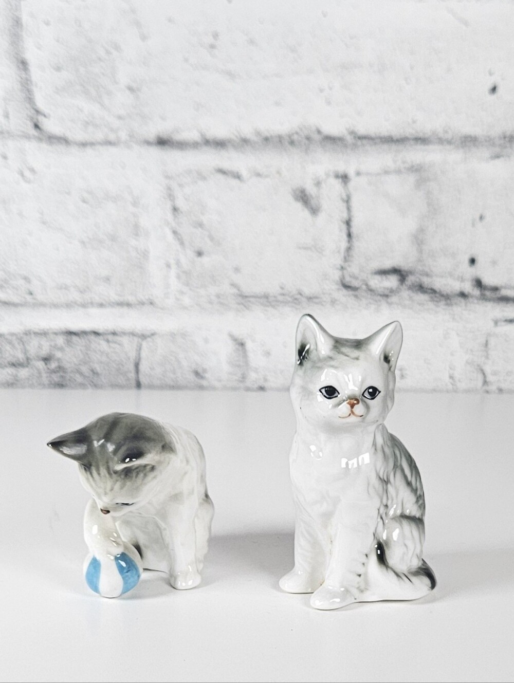 Bone China Vintage Grey Tabby Cat Figurines Set of 2 Playing With Ball